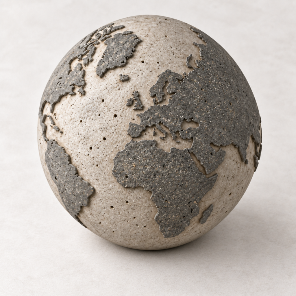 Wereldbol van beton met reliëf van de continenten